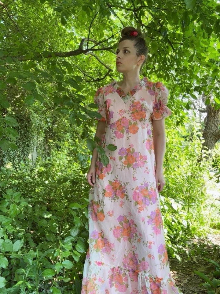 Maxi Vestido Largo Pradera Cottage Manga Abullonada Años 70 Estampado Floral Talla S M Foto 4 de 4