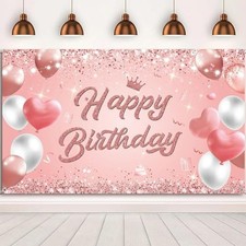 Happy Birthday Banner - Rose Gold Backdrop Banner 1.8 x 1.1m Decorations for ...