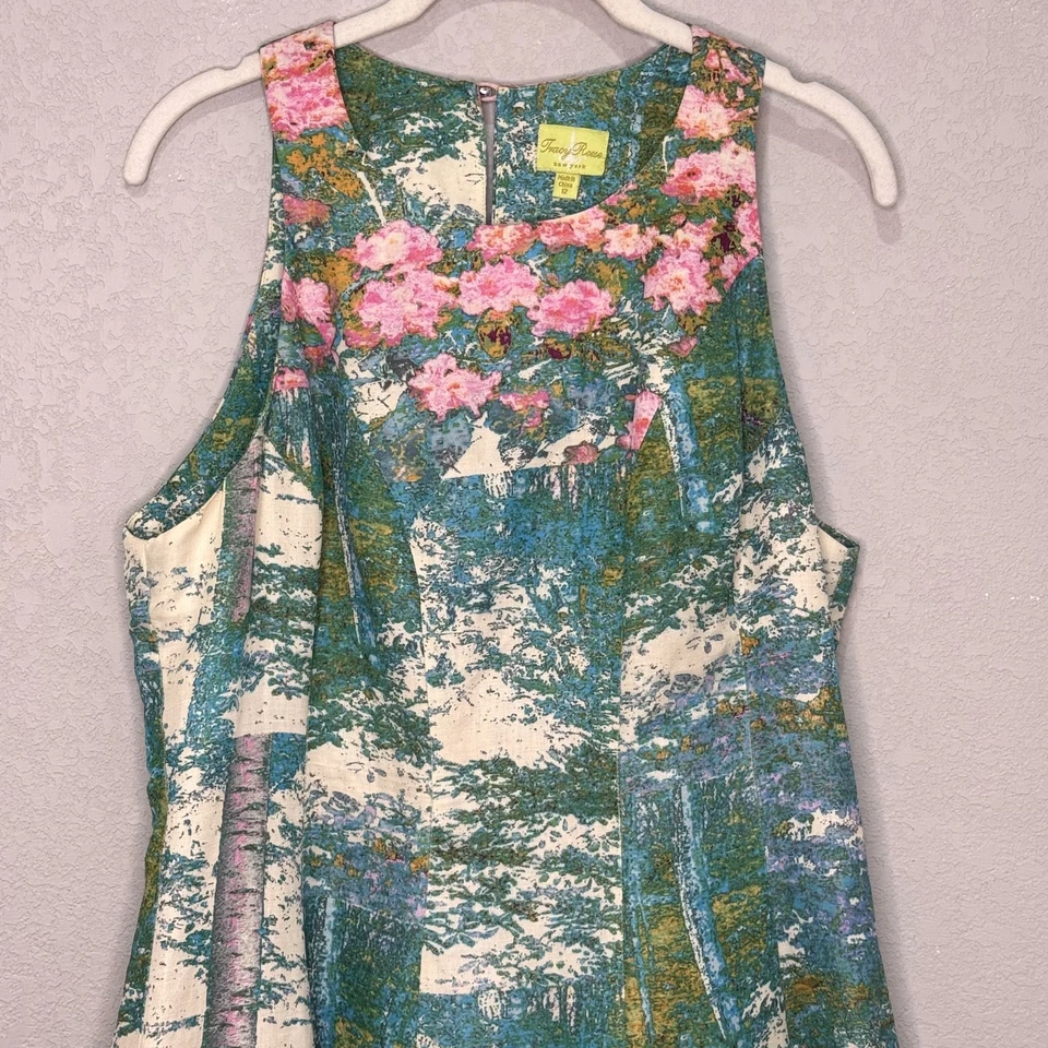 Tracy Reese Dress Size 12 Impressionist Monet Floral Fit Flare Silk Linen Lined - Image 4 of 4