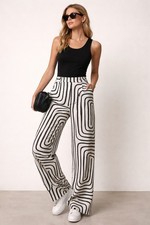 Mango (MNG)Linen Cotton Abstract Scribble Wide Leg Pants White Women US 8