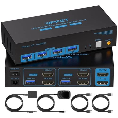 HDMI USB 3.0 KVM Switch 2 PC 2 Monitore 4K60Hz KVM-Switches für Zwei Computer