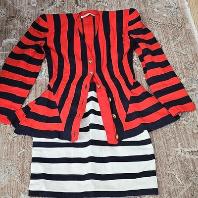 Roccobarocco Women s 2pc Striped Jacket & Skirt Set Red Cotton Woven 42