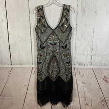 Metme Beaded Mesh Fringe Flapper XL Art Deco Gatsby Dress 20s Glam Grunge Fairy