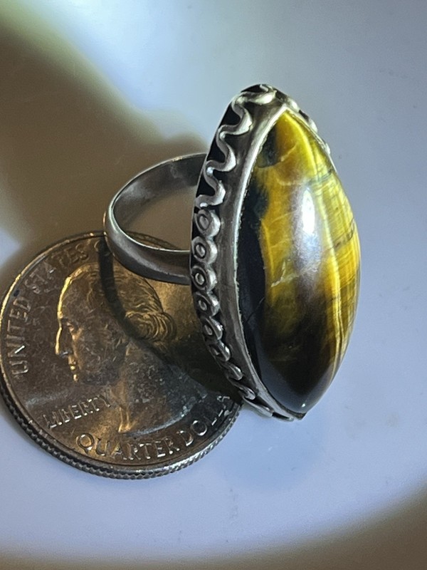 VTG ISRAEL STERLING Silver Marquise Shaped Cabochon Tiger's Eye Ring Sz 5.75 11g
