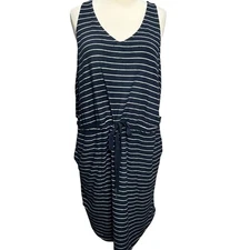 Soma Weekend Tank Dress Womens XL Blue Bamboo Terry Striped Drawstring Beach