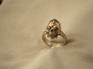 Authentic Antique gold-plated 3Ct emerald garnet silver memento mori ring size 9.5