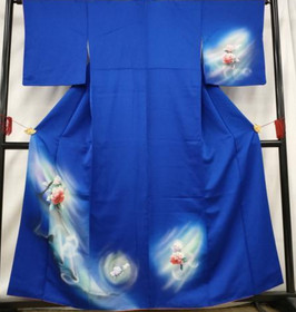 Cobalt Camellia LONG Vintage Hand Paitned Japanese Silk Kimono Robe Dress 8477