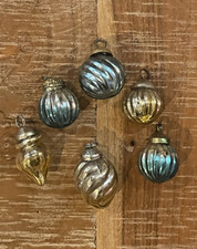 6 Mini Mercury Glass Kugel Vintage Style Blue Gold Ornaments Christmas Fall
