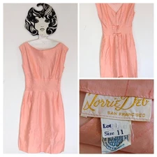 Vtg 60s Lorrie Deb Peach Sheath Dress Sz 11 Fitted Waist Bows Lined Boat Neck