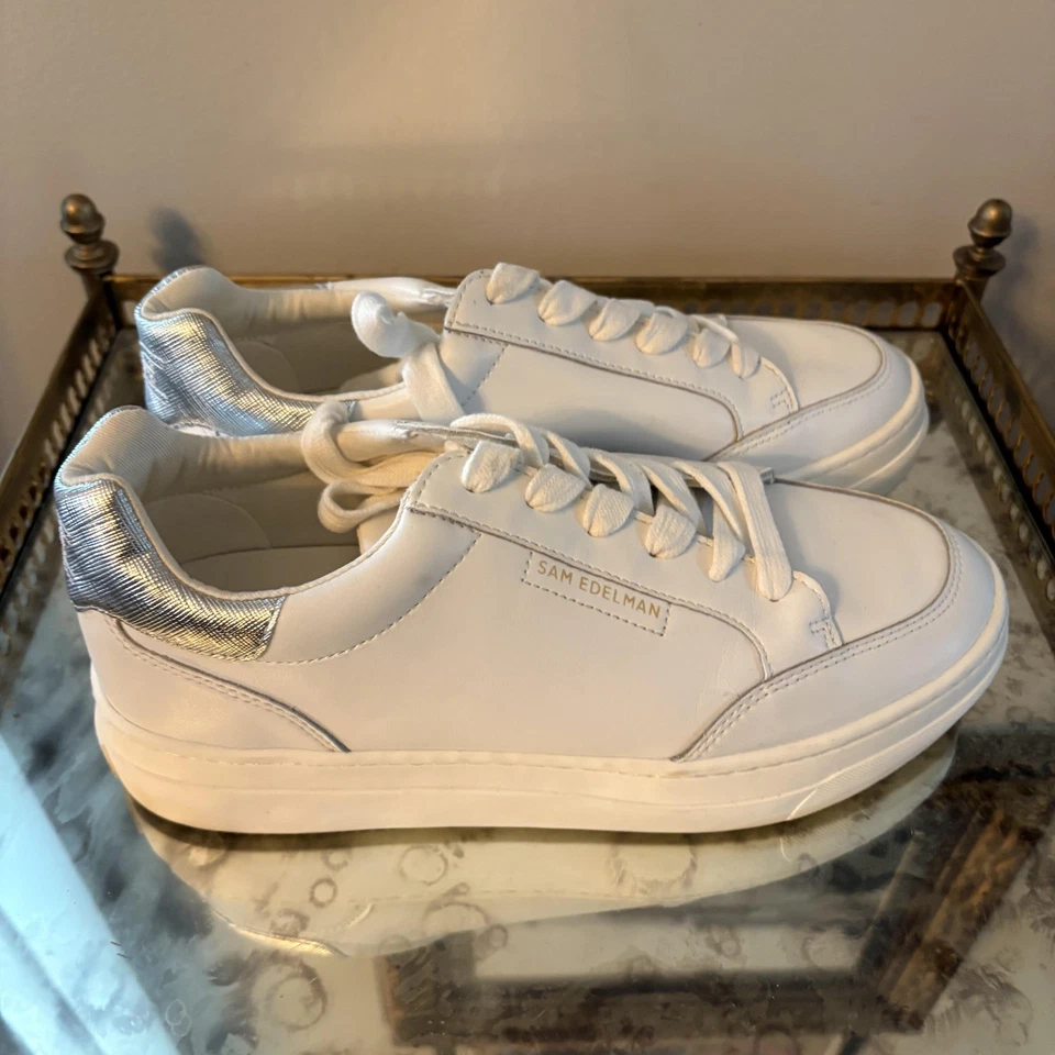 Zapatos Sam Edelman para mujer talla 8,5 blancos plateados bajos de cuero con cordones Foto 4 de 4