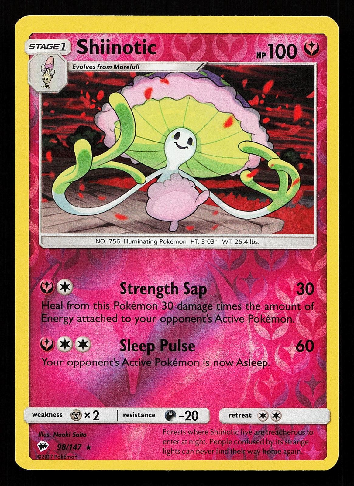Shiinotic 98/147 Reverse Holo Rare Burning Shadows Pokemon Card
