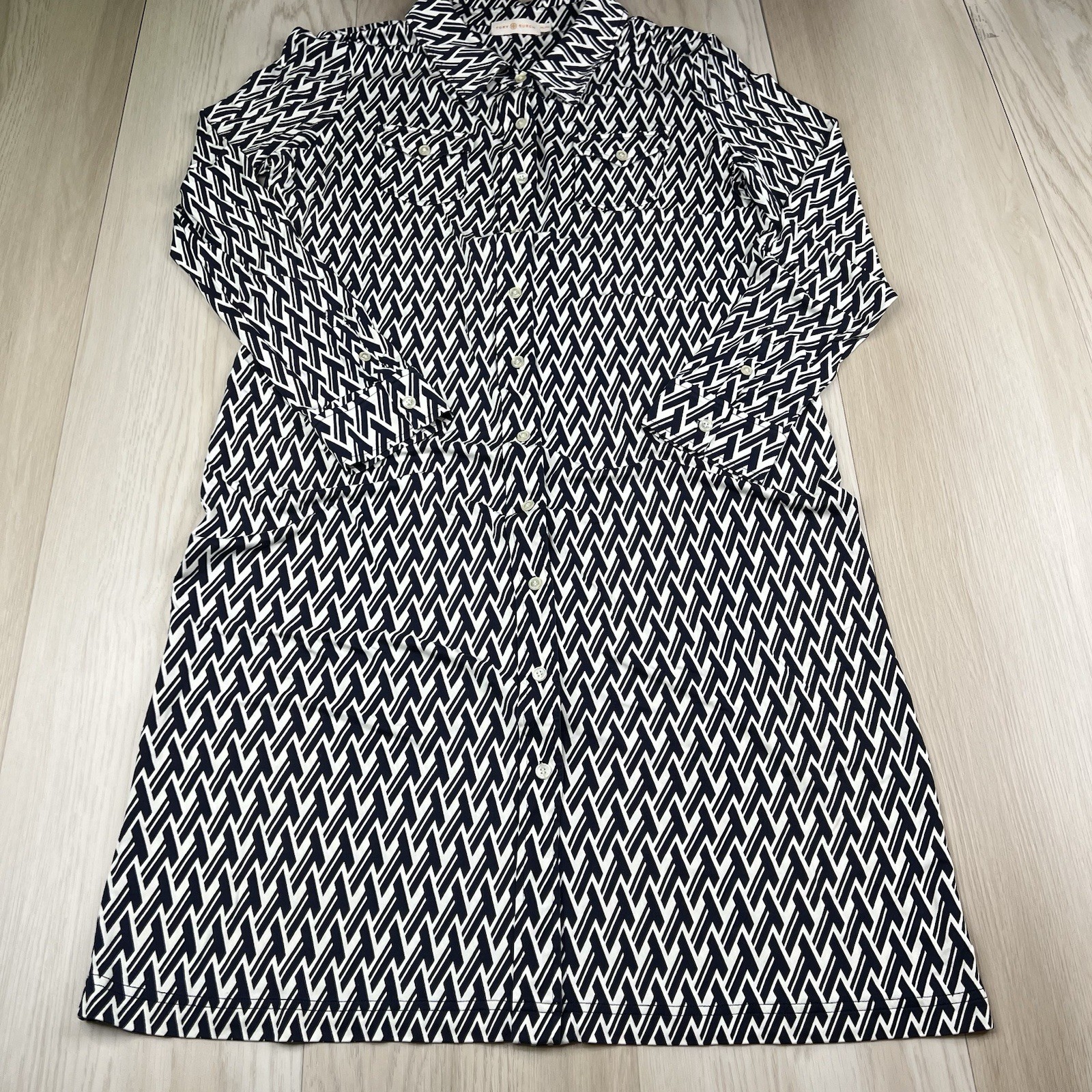 Tory Burch Crista T Lattice Logo Print Button Dress Navy White Size Xtra Large