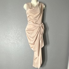 Champagne Satin Asymmetrical Ruched Draped Midi Bodycon Dress Sleeveless