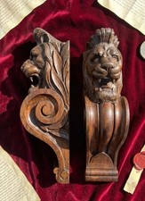Antique Carved Lion Head Corbels Pair Architectural Wood Salvage Wall Brackets