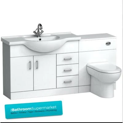 Gloss White Bathroom Furniture Cabinet Vanity Unit Basin Sink 1550mm Mayford