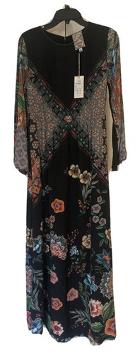 NUEVO CON ETIQUETAS $345 JOHNNY WAS Vestido Freya Negro Panel Floral MAXI Largo Slv Mujeres XSmall B8 - Imagen 10 de 12