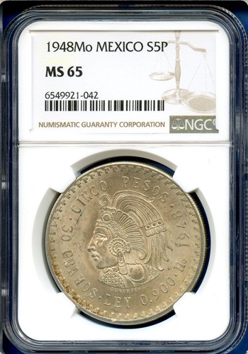 1948 Mo Mexico NGC MS65 Silver 5 Pesos S5P Cinco Pesos Cuauhtemoc MS-65