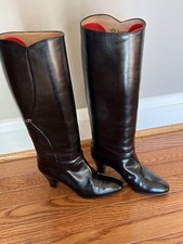 Womens Vtg Knee High Gucci Gold Logo Black Leather Boots Sz 38, See Description