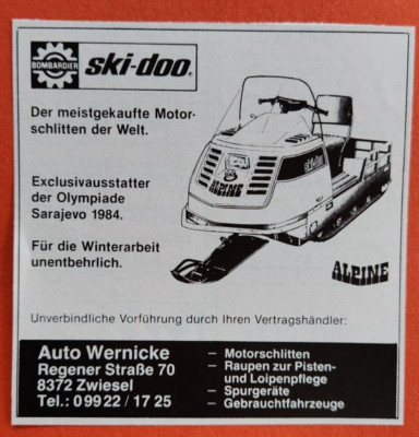 2. Bombadier Ski-Doo Motorschlitten Alpine Werbeanzeige Werbung Reklame 1984