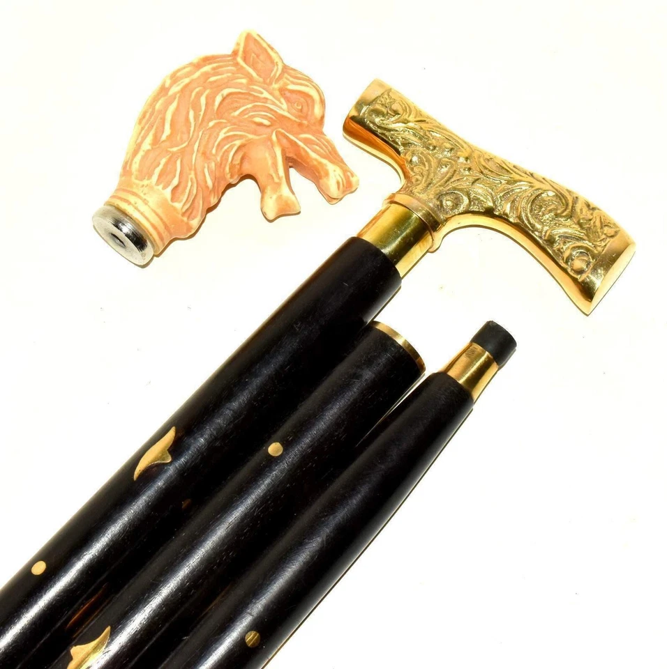Bastón de madera dorado con mango de 2 cabezas victoriano de latón y hueso bastón regalo Foto 4 de 4