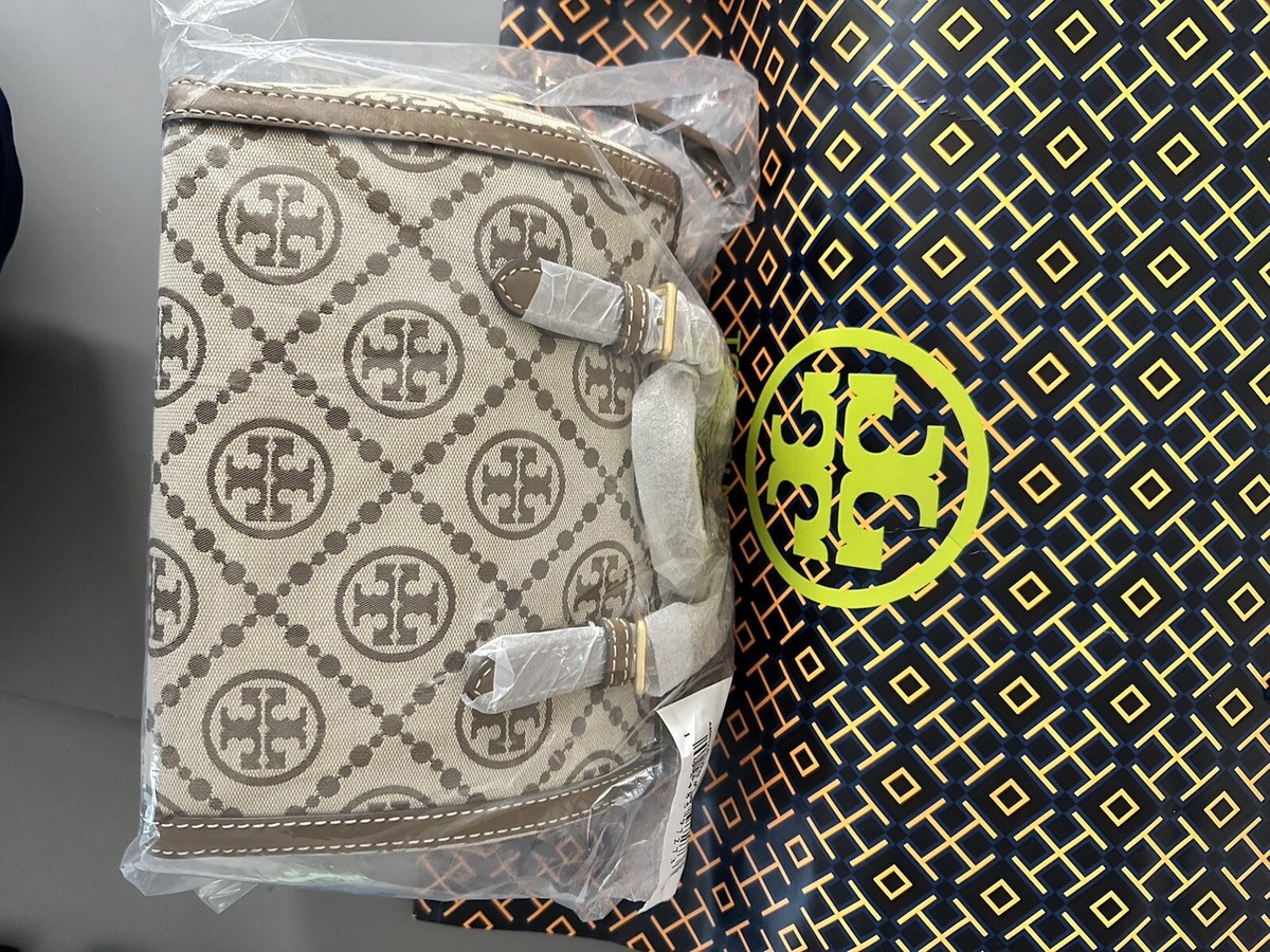 Authentic Tory Burch T Monogram Hazelnut Jacquard Barrel Bag