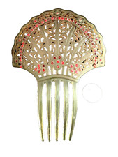 Art Deco Large Fan Shaped Celluloid Antique Hair Comb Inset with Red Rhinestones