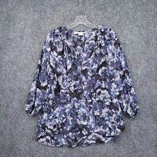 Max Studio Top Womens L Large Blue Tie Dye V Neck Tunic Blouse Silk Boho