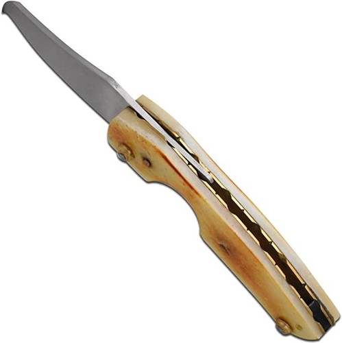 Cuchillo cortador de cigarros revestimiento dorado mango de hueso afilado con funda de cuero - Imagen 4 de 4