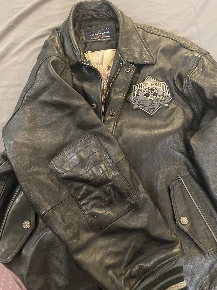 Chaqueta de motociclista de bombardero con cremallera de cuero negro Phat Farm para hombre talla 5XL Foto 3 de 4