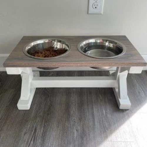 Large Elevated Dog Bowl Stand - Trestle Farmhouse Table Three Bowl