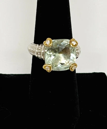 Vintage Judith Ripka Green Prasiolite Diamonds 14k & Sterling Silver Ring Size 7