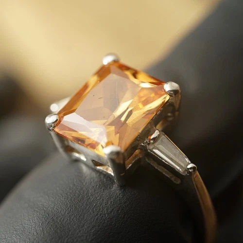 Vintage 925 Silver 4.5 Ct Emerald Cut Citrine Ring Baguette Accents SZ 8
