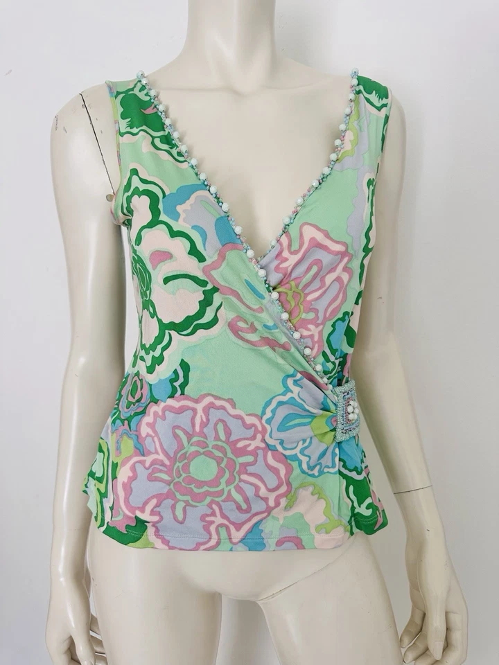 Blumarine Blugirl Cami Top Jersey Elástico Floral Cuello en V Piedras Corazón Talla 42 S Foto 2 de 4