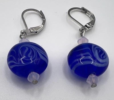 Sandy's Handmade Earrings | Cobalt Blue Swirl Lampwork Glass Leverback