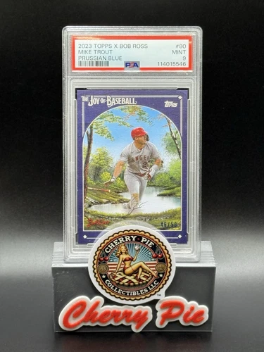 RARE 2023 Topps X Bob Ross Mike Trout #80 Prussian Blue Canvas 46/50 PSA 9 MINT
