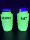 Jeanette Jadeite Ribbed Depression Era Salt and Pepper Shakers Beehive Style