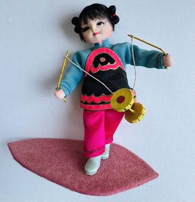 Vintage Peking Silk Doll China Diorama Stand Straight Hair Buns Toy Rope Label