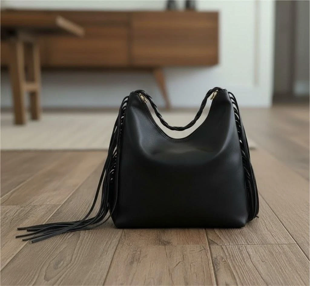 Genuine Cowhide Tote Bag Western Hobo Leather Fringe Satchel Purse Retro Black