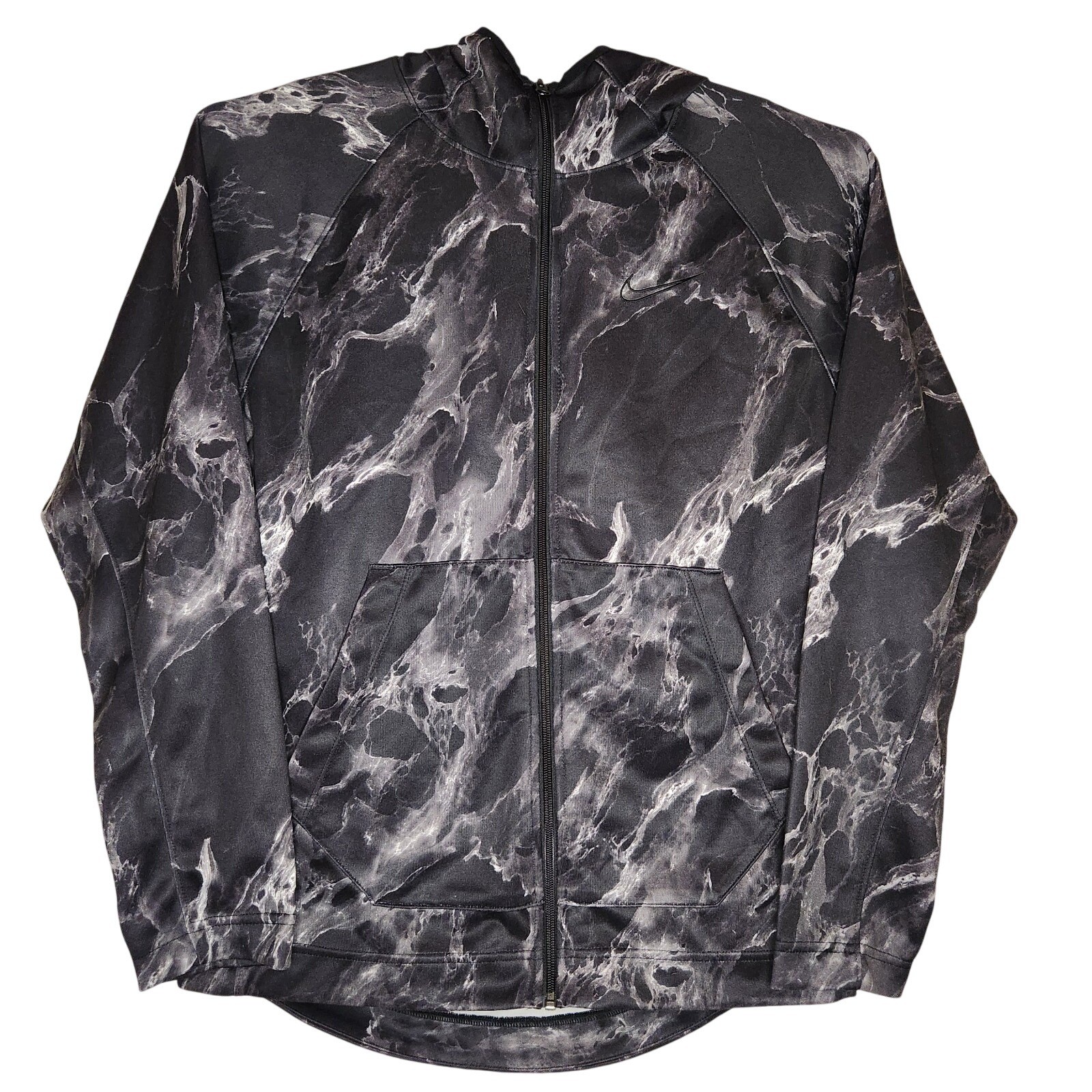 NIKE Hoodie Track Jacket Mens Medium Black Gray Dri-FIT Full Zip Marble Smokey thumbnail 2