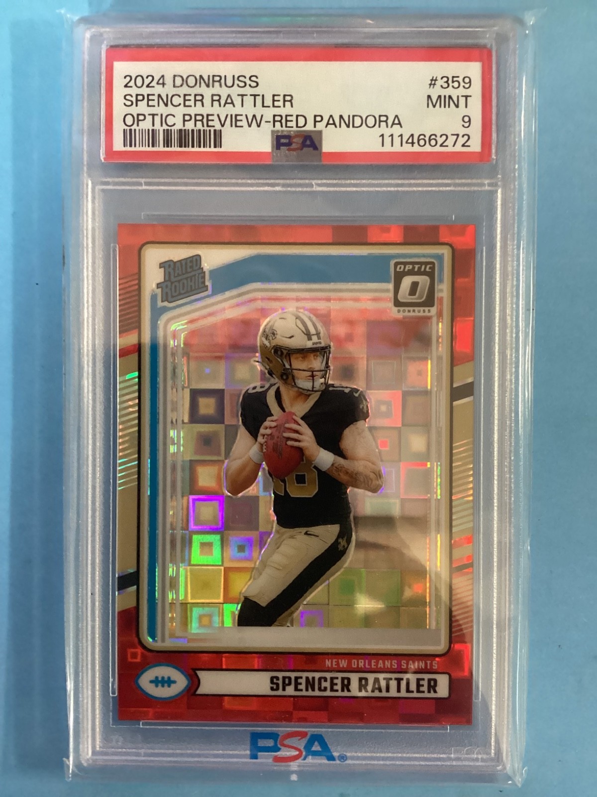 2024 Panini Donruss Spencer Rattler Optic Preview Red Pandora Rookie (RC) PSA 9