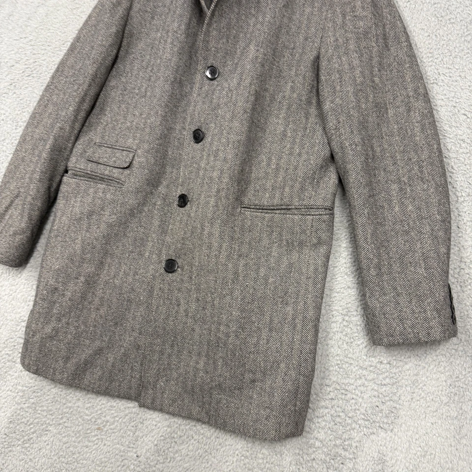 Express Overcoat Mens Medium Gray Herringbone Wool Blend Topcoat Lined 3 Button - Image 3 of 4