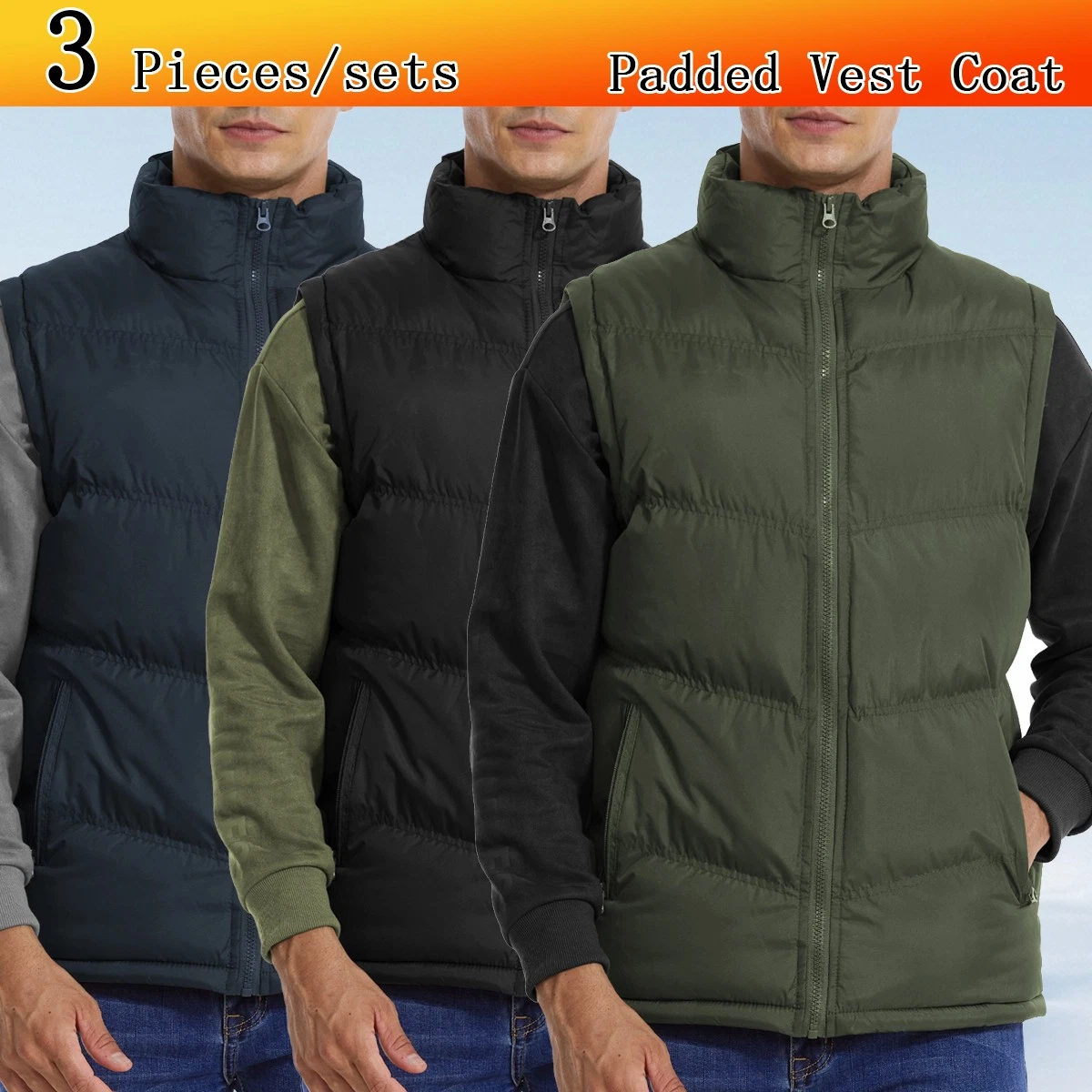 3 Pack Men Quilted Vest Jackets Waistcoat Winter Sleeveless Padded Coats Outwear