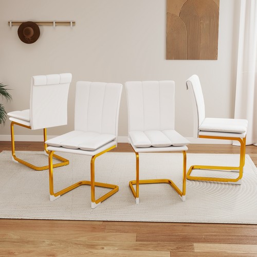 Set of 4 Modern PU Leather Dining Chairs w/ Gold Bow Metal Legs for Dining Room - Picture 1 of 46