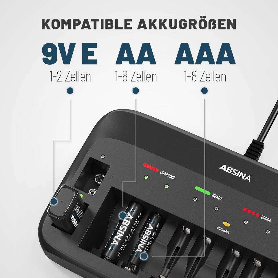 ABSINA X10 Akku Ladegerät für AA, AAA & 9V - ABSINA Akku AA Batterie Ladegerät - Bild 2 von 4