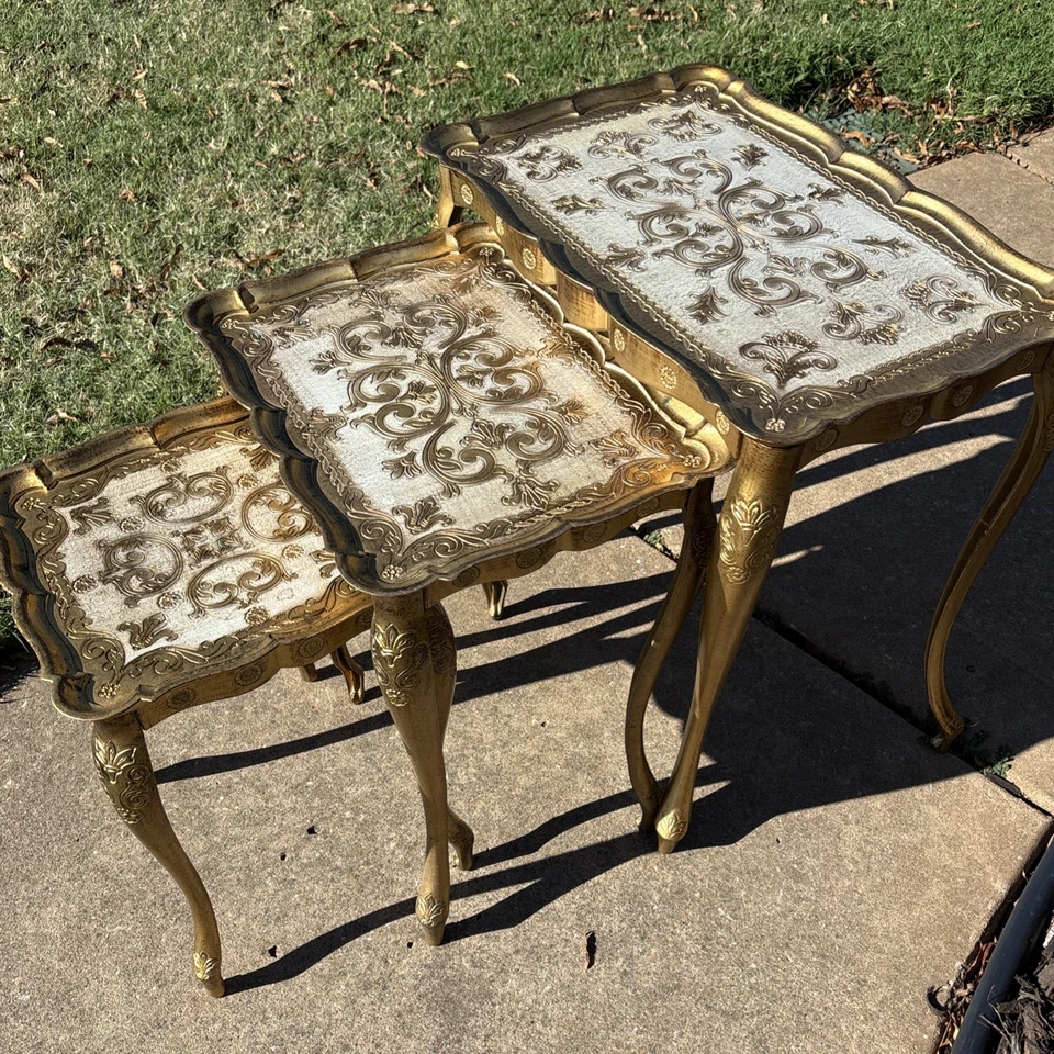 Vtg 3 Set 1950s Italian Florentine Gold Gilt Nesting Tables Rococo Style READ - Image 3 of 4