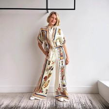 Women's 2 Piece Outfits Linen Short Sleeve Shirt Top Wide Leg Pants Lounge Sets