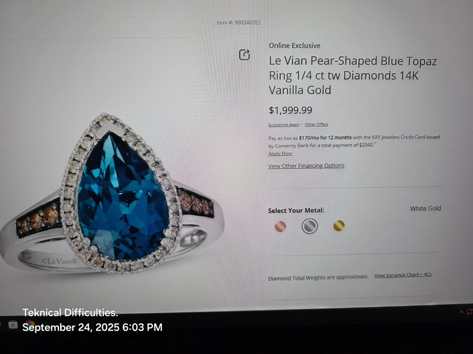 Le Vian Pear-Shaped Blue Topaz Ring 1/4 ct tw Diamonds 14K Vanilla Gold Size 6 Foto 2 de 4