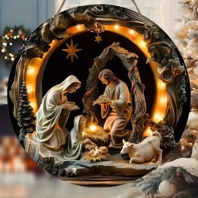 Virgin Mary Nativity Scene Relief Effect  Tin Metal Signs Home Décor 8x8