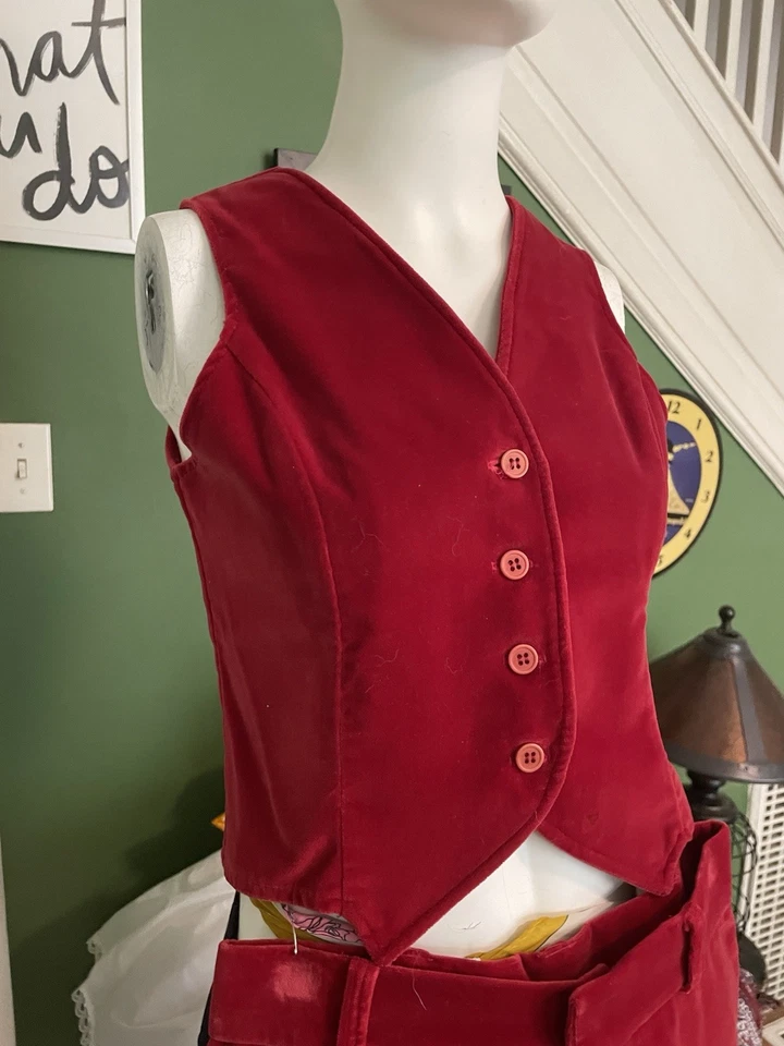 Conjunto de chaleco y pantalones de pierna ancha vintage de terciopelo de algodón rojo S 34/26 Foto 3 de 4