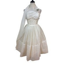 Vtg 50s Wedding Dress XS Ivory Lace Tulle Full Skirt Cocktail Scarf pinup Bridal